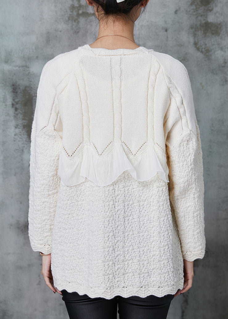 Elegant White Ruffles Patchwork Knit Coat Outwear Spring