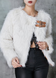 Elegant White Side Open Faux Fur Coat Winter