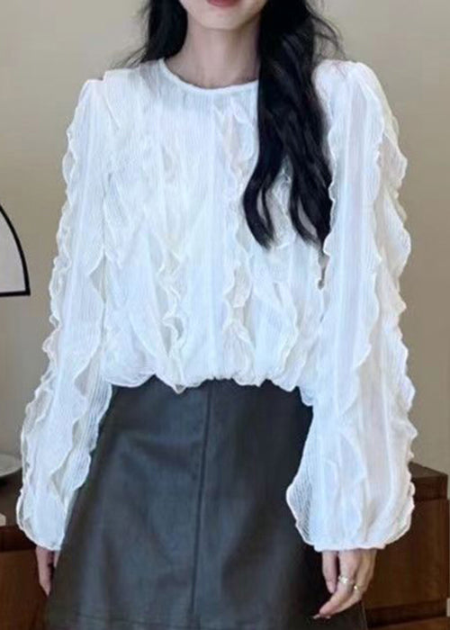 Elegant White Solid Ruffled Knit Top Long Sleeve