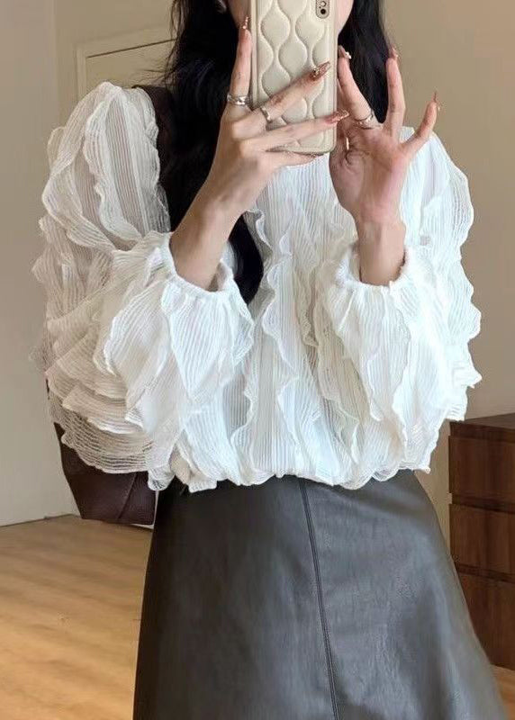 Elegant White Solid Ruffled Knit Top Long Sleeve