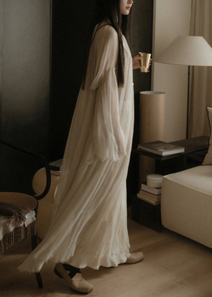 Elegant White Solid Wrinkled Silk Cotton Long Dress Flare Sleeve