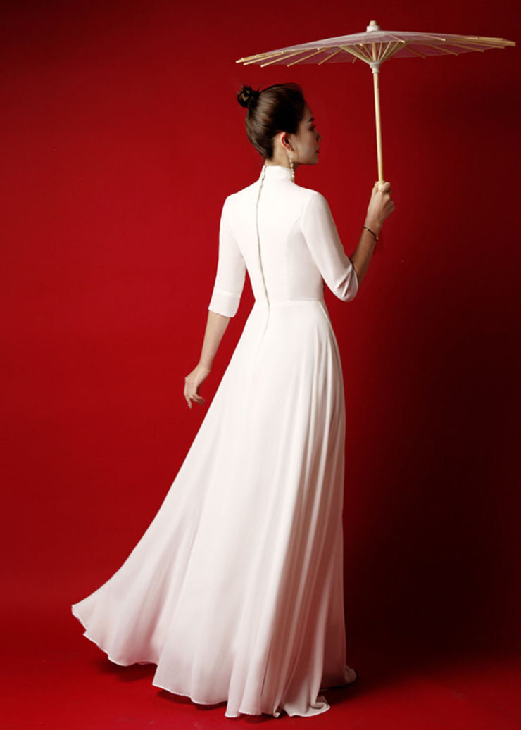 Elegant White Stand Collar Embroidered Chiffon Long Dress Bracelet Sleeve