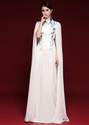 Elegant White Stand Collar Embroidered Patchwork Chiffon Maxi Dresses Fall