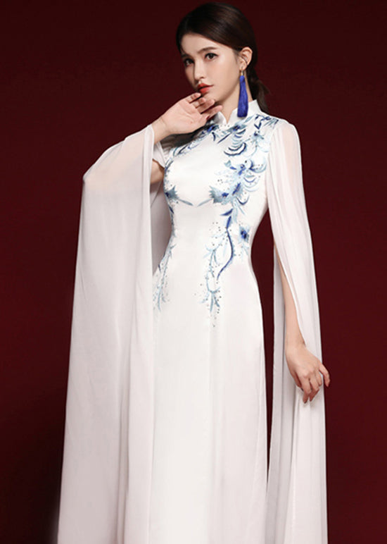 Elegant White Stand Collar Embroidered Patchwork Chiffon Maxi Dresses Fall