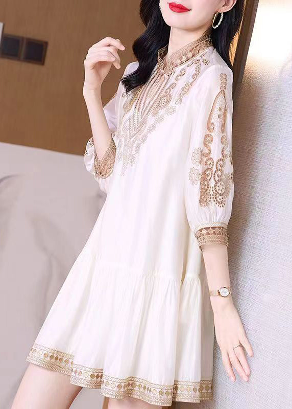 Elegant White Stand Collar Lace Patchwork Silk Maxi Dress Spring