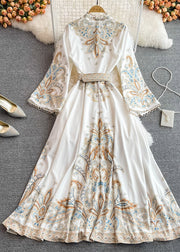 Elegant White Stand Collar Print Wrinkled Long Dresses Puff Sleeve