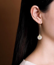 Elegant White Sterling Silver Ancient Gold Jade Zircon Ping Buckle Drop Earrings