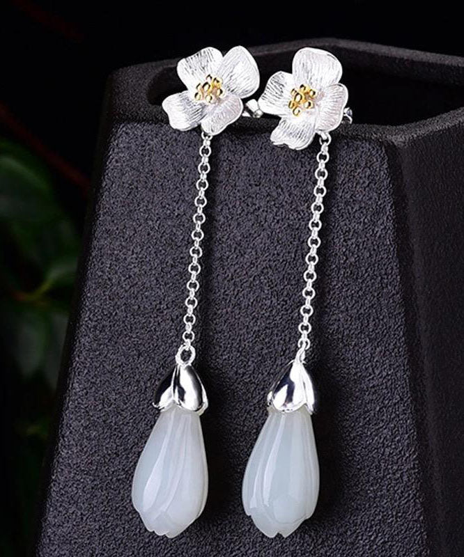 Elegant White Sterling Silver Inlaid Jade Floral Drop Earrings