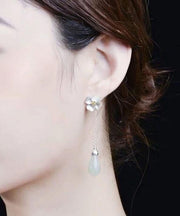 Elegant White Sterling Silver Inlaid Jade Floral Drop Earrings