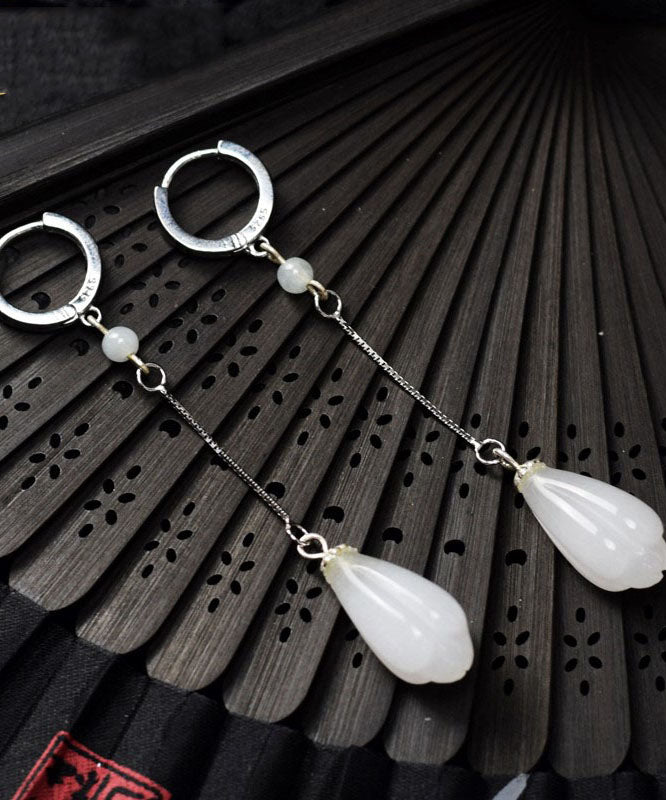 Elegant White Sterling Silver Jade Drip Drop Earrings