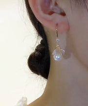 Elegant White Sterling Silver Overgild Inlaid Pearl Zircon Leaf Drop Earrings
