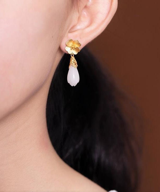Elegant White Sterling Silver Overgild Jade Orchid Drop Earrings