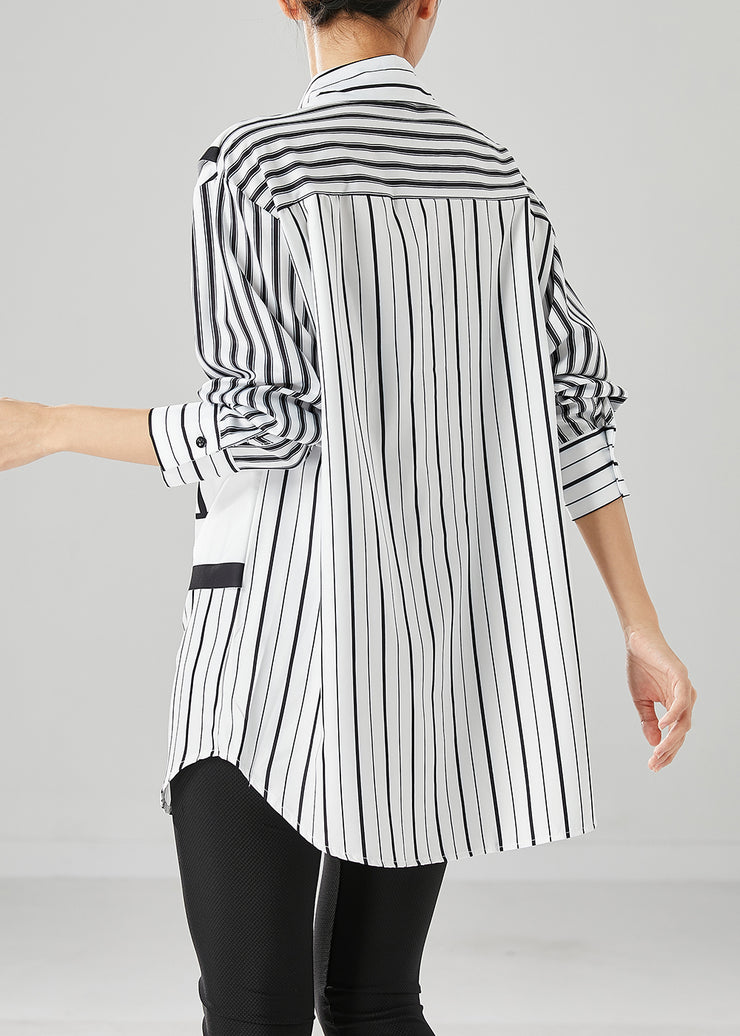 Elegant White Striped Patchwork Cotton Shirt Top Fall
