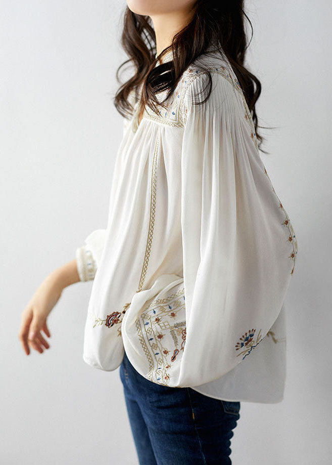 Elegant White 2024 Embroidered Chiffon Blouse Tops Long Sleeve