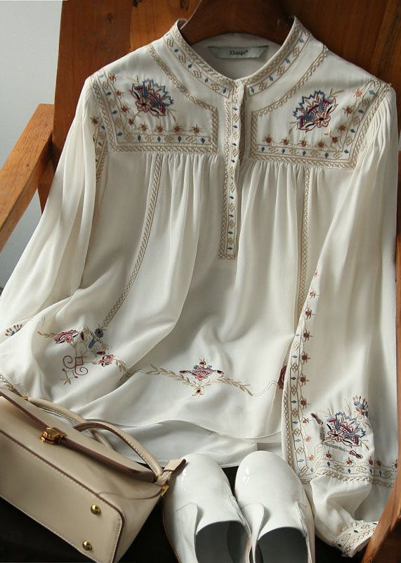 Elegant White 2024 Embroidered Chiffon Blouse Tops Long Sleeve