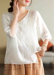 Elegant White V Neck Lace Patchwork T Shirt Short Sleeve