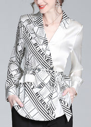 Elegant White V Neck Patchwork Print Tie Waist Silk Shirt Long Sleeve