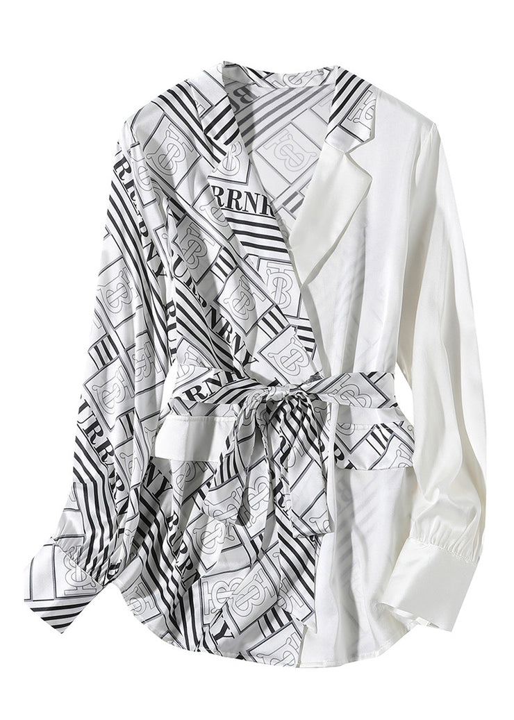 Elegant White V Neck Patchwork Print Tie Waist Silk Shirt Long Sleeve