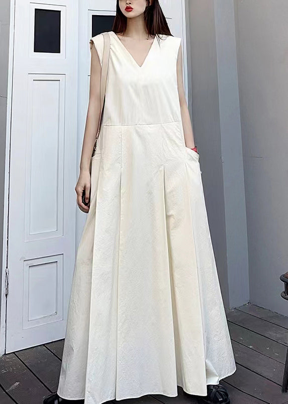 Elegant White V Neck Pockets Patchwork Cotton Maxi Dresses Sleeveless
