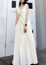 Elegant White V Neck Pockets Patchwork Cotton Maxi Dresses Sleeveless