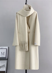 Elegant White V Neck Pockets Scarf Woolen Coat Winter