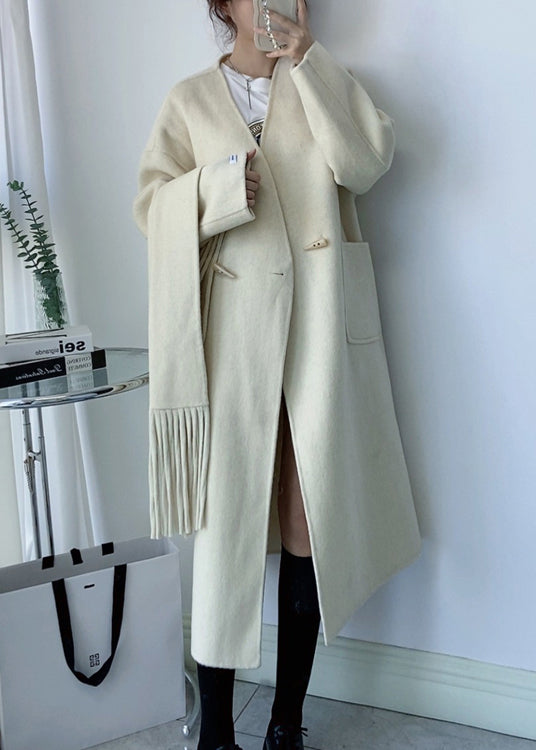 Elegant White V Neck Pockets Scarf Woolen Coat Winter