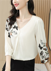 Elegant White V Neck Print Silk Top Long Sleeve