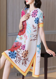 Elegant White V Neck Wrinkled Print Side Open Silk Maxi Dresses Short Sleeve