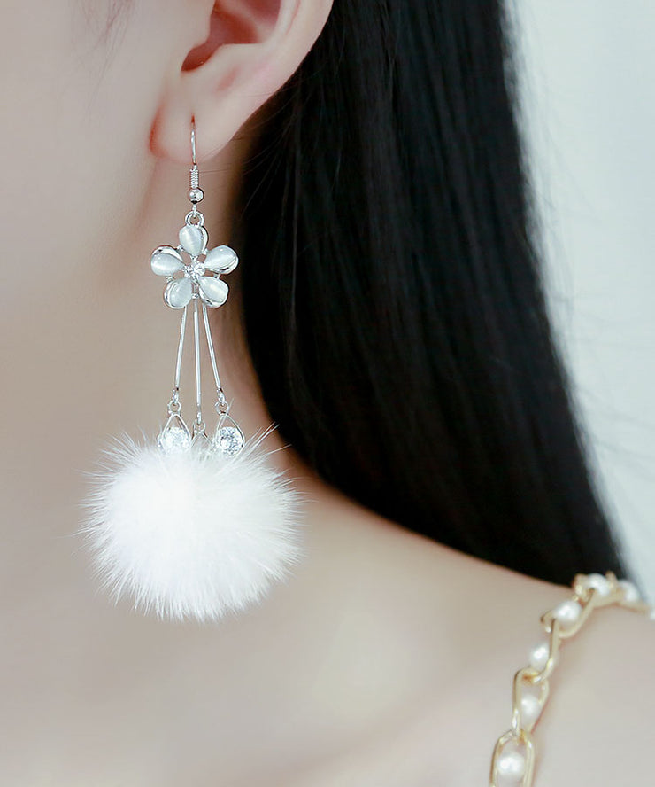 Elegant White Zircon Crystal Pearl Mink Hair Floral Drop Earrings
