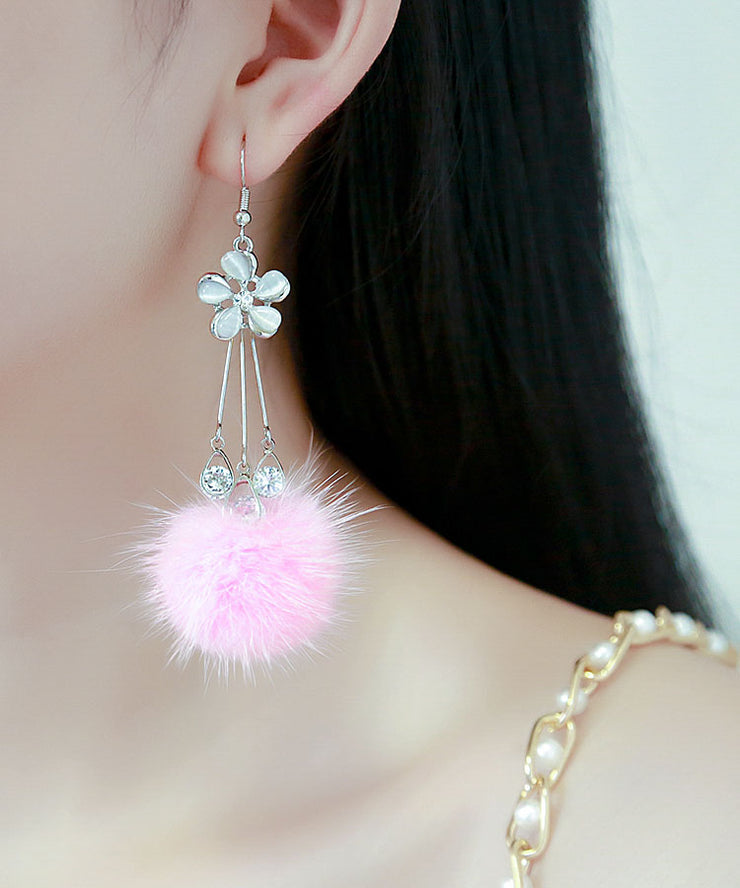 Elegant White Zircon Crystal Pearl Mink Hair Floral Drop Earrings