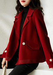 Elegant Wine Red Peter Pan Collar Button Patchwork Woolen Coats Fall