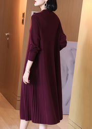 Elegant Wine Red Stand Collar Button Cotton Knit Dresses Spring