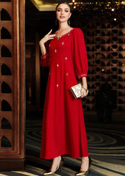 Elegant Wine Red V Neck Patchwork Zircon Chiffon Maxi Dress Long Sleeve