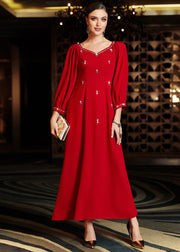 Elegant Wine Red V Neck Patchwork Zircon Chiffon Maxi Dress Long Sleeve