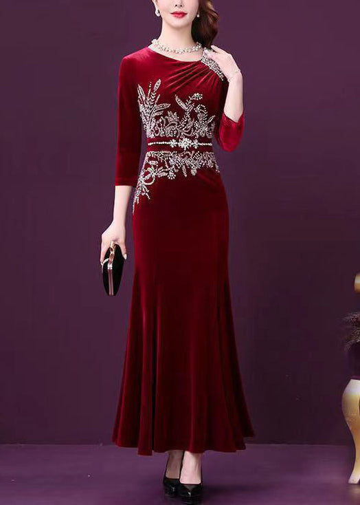 Elegant Wine Red Zircon Patchwork Silk Velour Fishtail Skirt Dress Half Sleeve