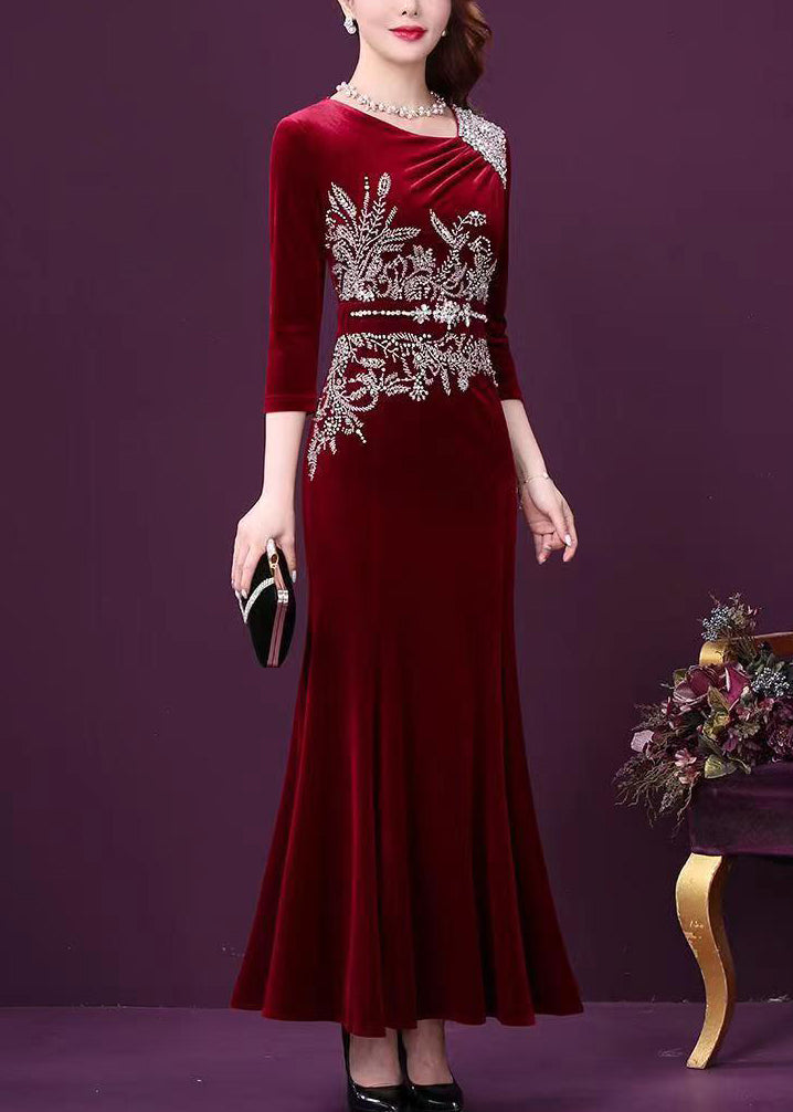 Elegant Wine Red Zircon Patchwork Silk Velour Fishtail Skirt Dress Half Sleeve