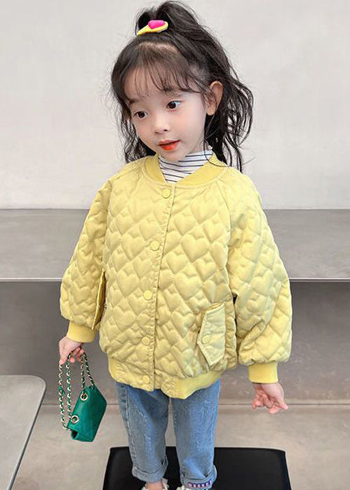 Elegant Yellow Button Print Pockets Cotton Filled Girls Coat Long Sleeve