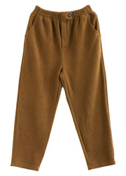 Elegant Yellow Elastic Waist Pockets Warm Fleece Corduroy Pants Winter