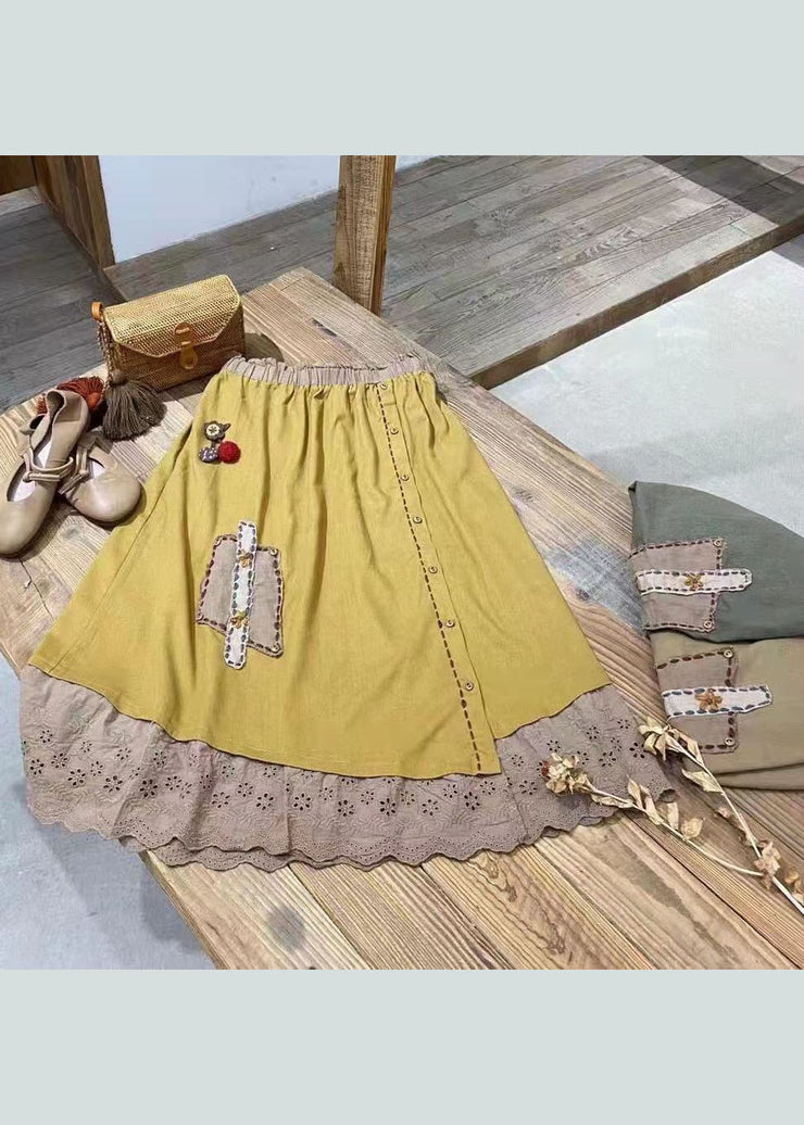 Elegant Yellow Embroidered Hollow Out Cotton Skirt Spring