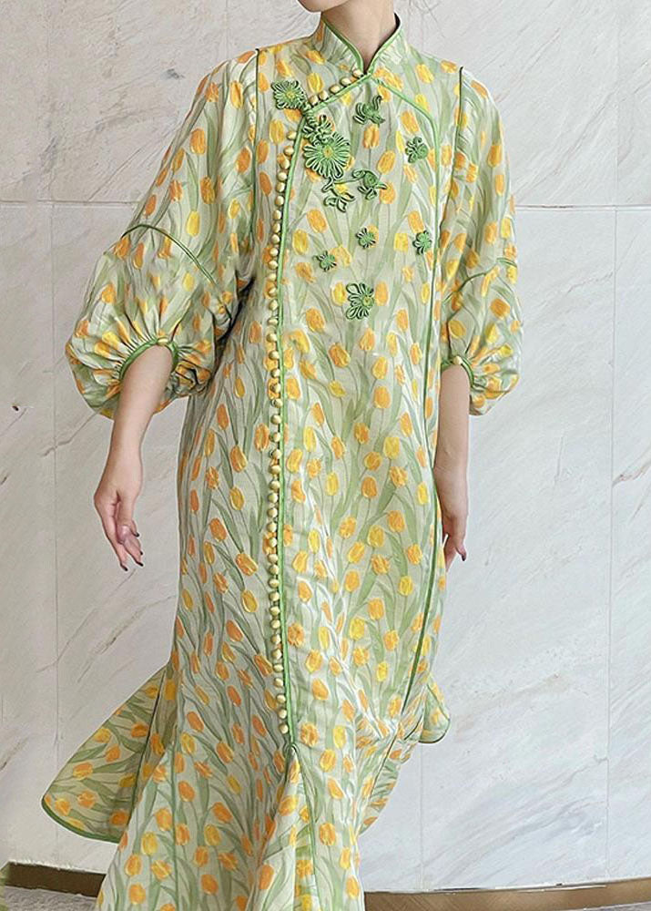 Elegant Yellow Green Embroidered Button Silk Maxi Dresses Fall