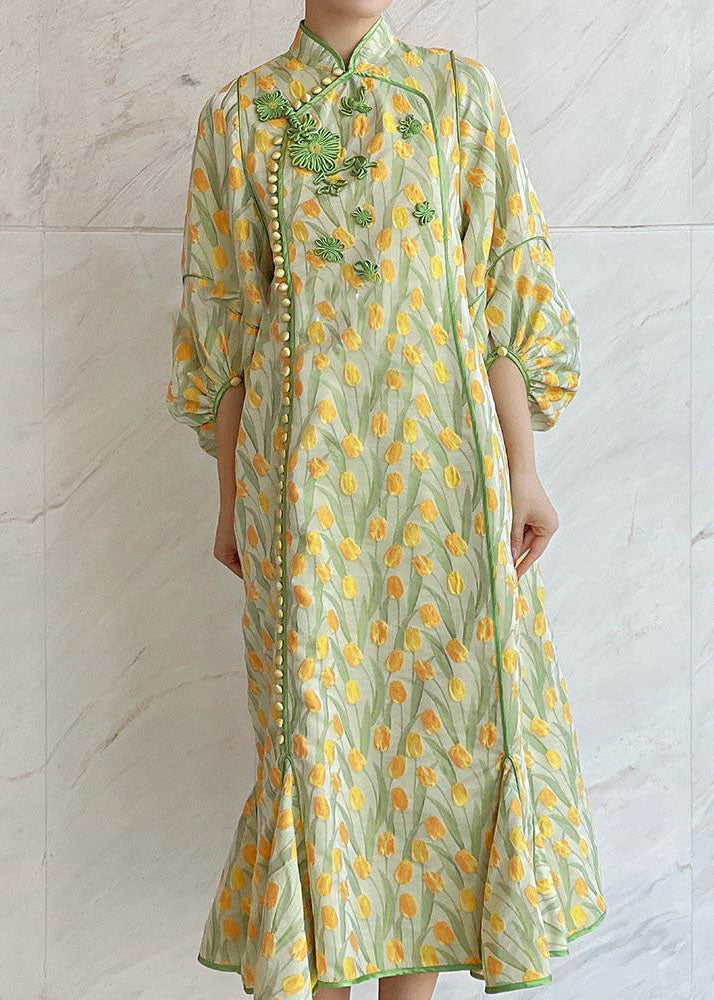 Elegant Yellow Green Embroidered Button Silk Maxi Dresses Fall