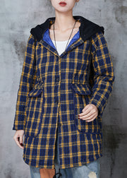 Elegant Yellow Hooded Plaid Fine Cotton Filled Coats Spring
