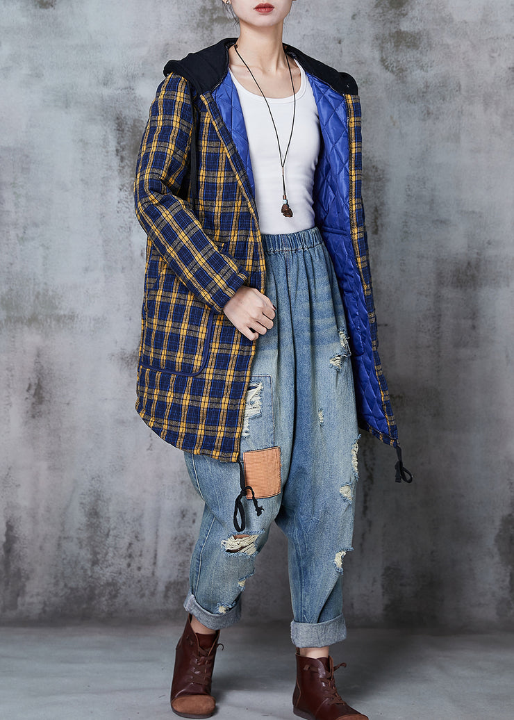 Elegant Yellow Hooded Plaid Fine Cotton Filled Coats Spring