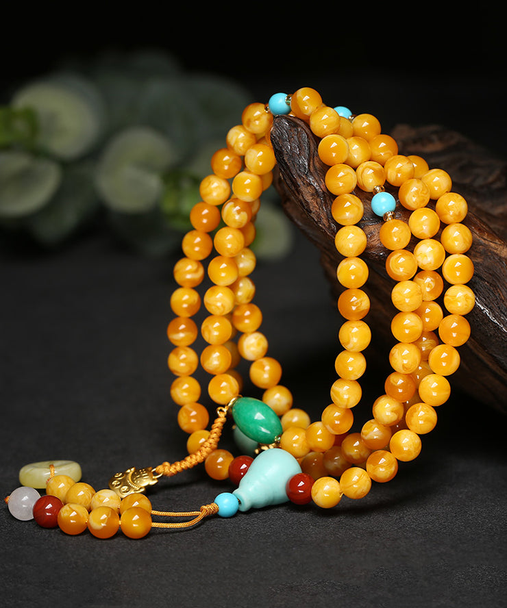 Elegant Yellow Jade Amber Beeswax Beading Tassel Pendant Necklace