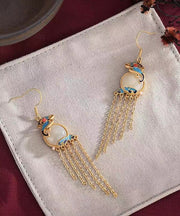 Elegant Yellow Jade Cloisonne Gem Stone Butterfly Tassel Drop Earrings