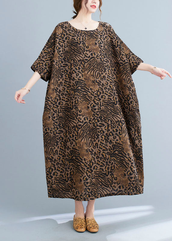 Elegant Yellow Leopard Pockets Print Cotton Loose Dresses Half Sleeve
