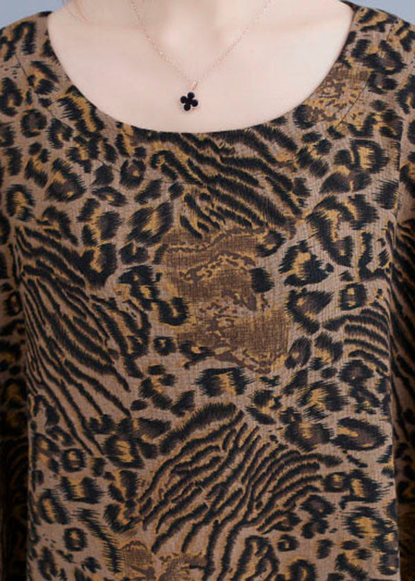 Elegant Yellow Leopard Pockets Print Cotton Loose Dresses Half Sleeve