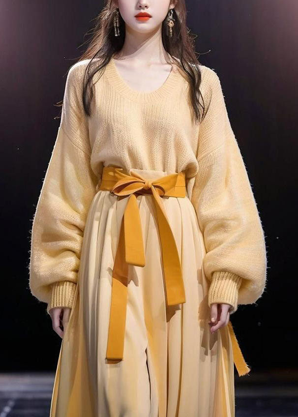 Elegant Yellow O-Neck Bow Cotton Knit Sweater And Maxi Skirts Two Pieces Set Long Sleeve
