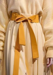 Elegant Yellow O-Neck Bow Cotton Knit Sweater And Maxi Skirts Two Pieces Set Long Sleeve