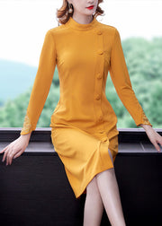 Elegant Yellow O-Neck Embroidered Button Maxi Dress Fall